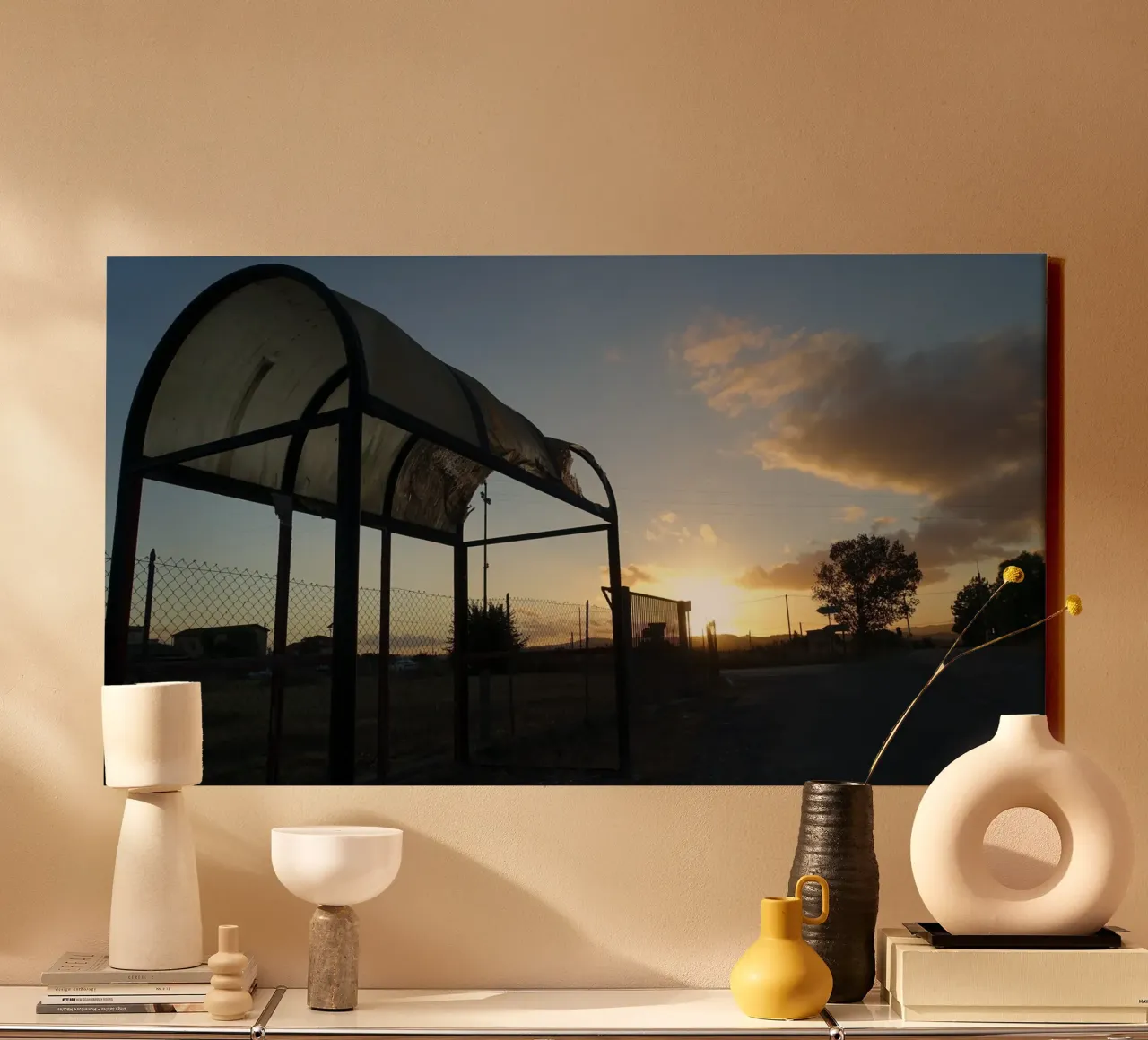 Sunset on the bus stop canvas with Floater frame by Massimo Frascogna
