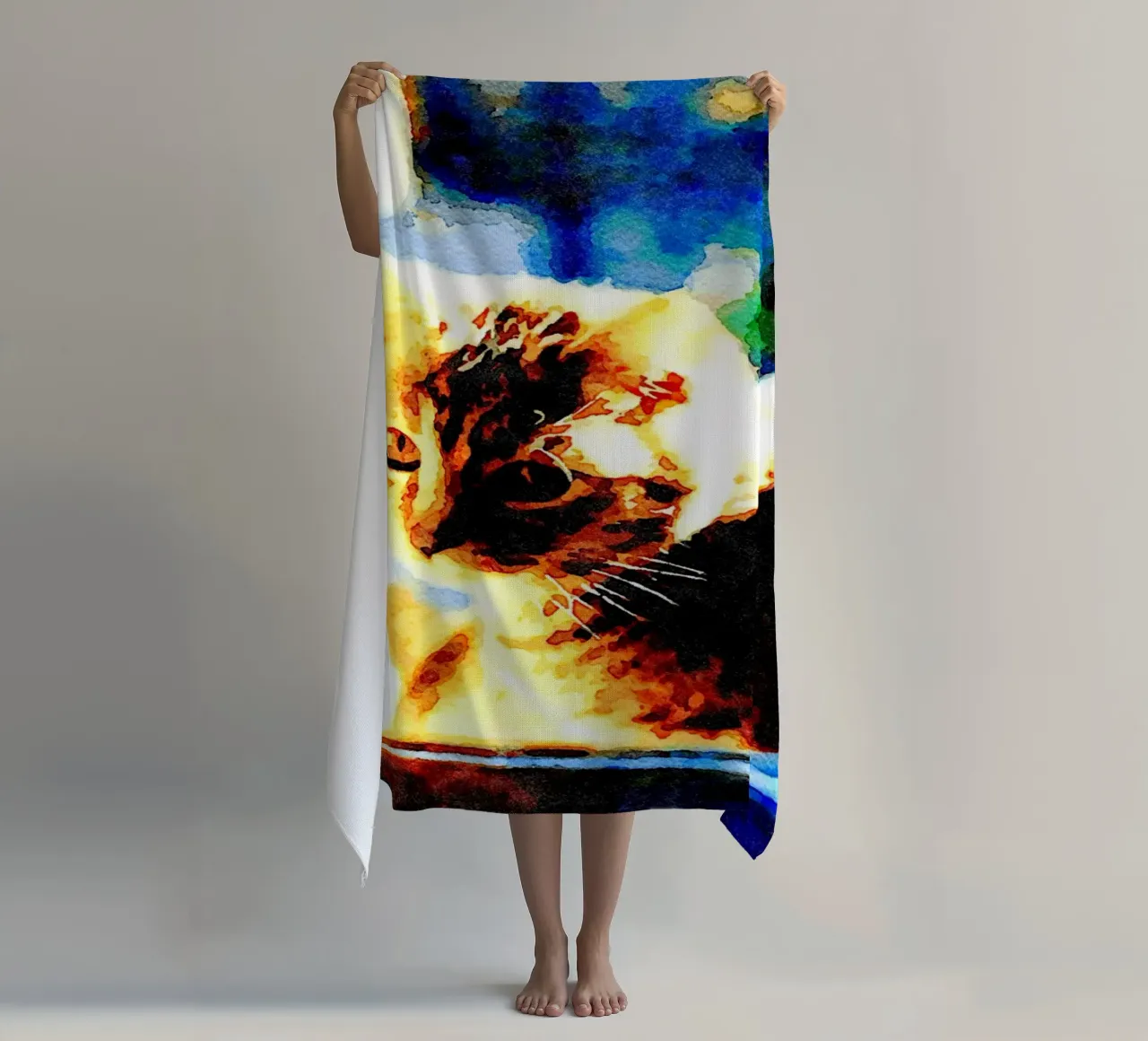The cat on the window beach towel by Massimo Frascogna