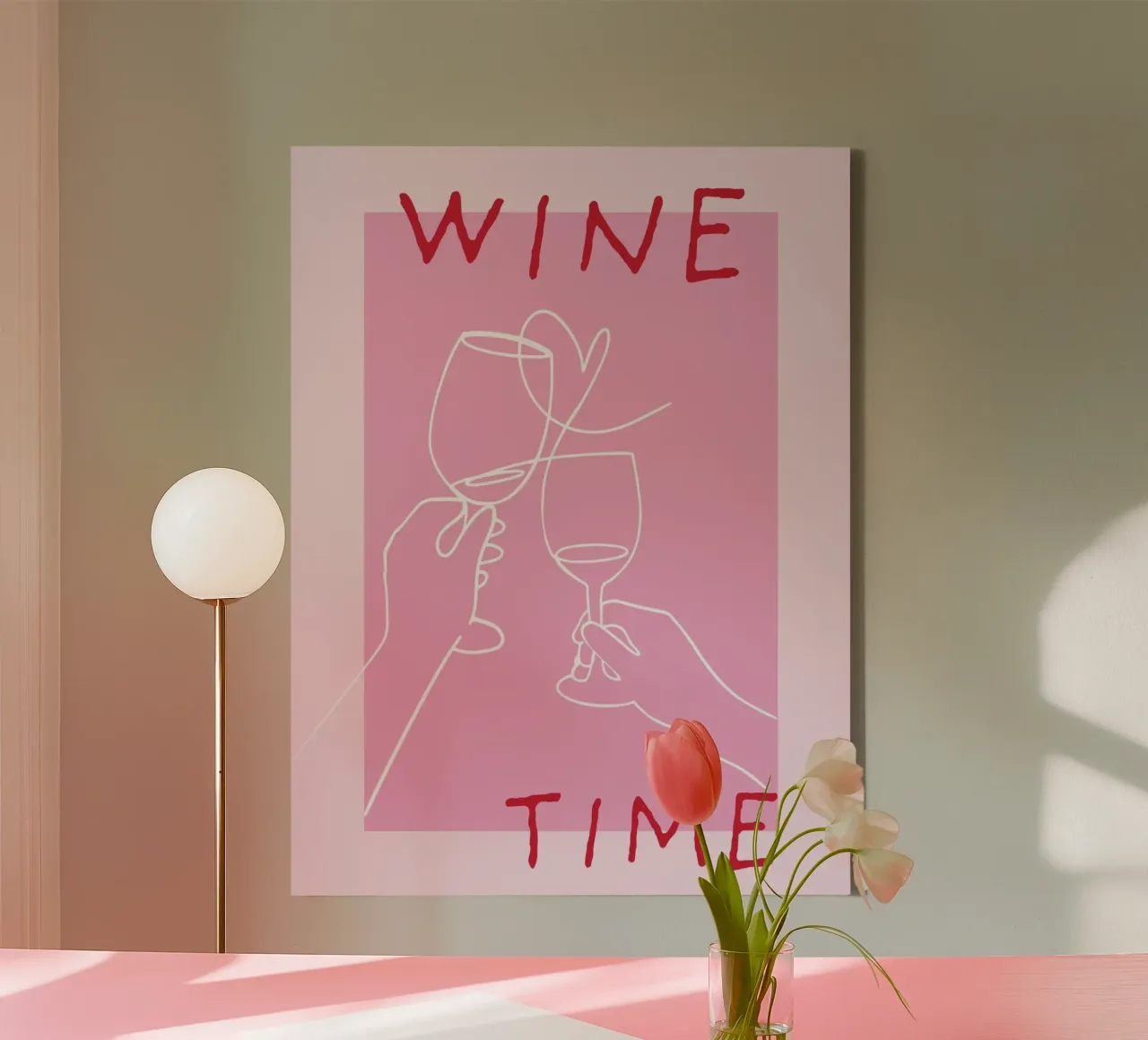 Wijn Tijd Wijn Poster Grafisch Modern Roze canvas met Baklijst van HummelBär