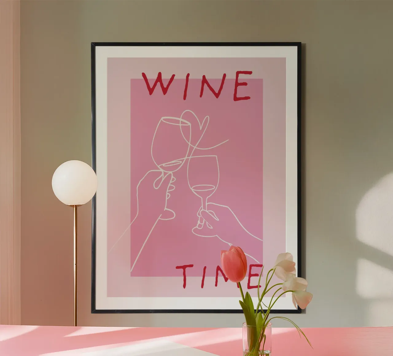 Vino Tempo di vino Poster grafico moderno rosa poster con telaio in alluminio da HummelBär