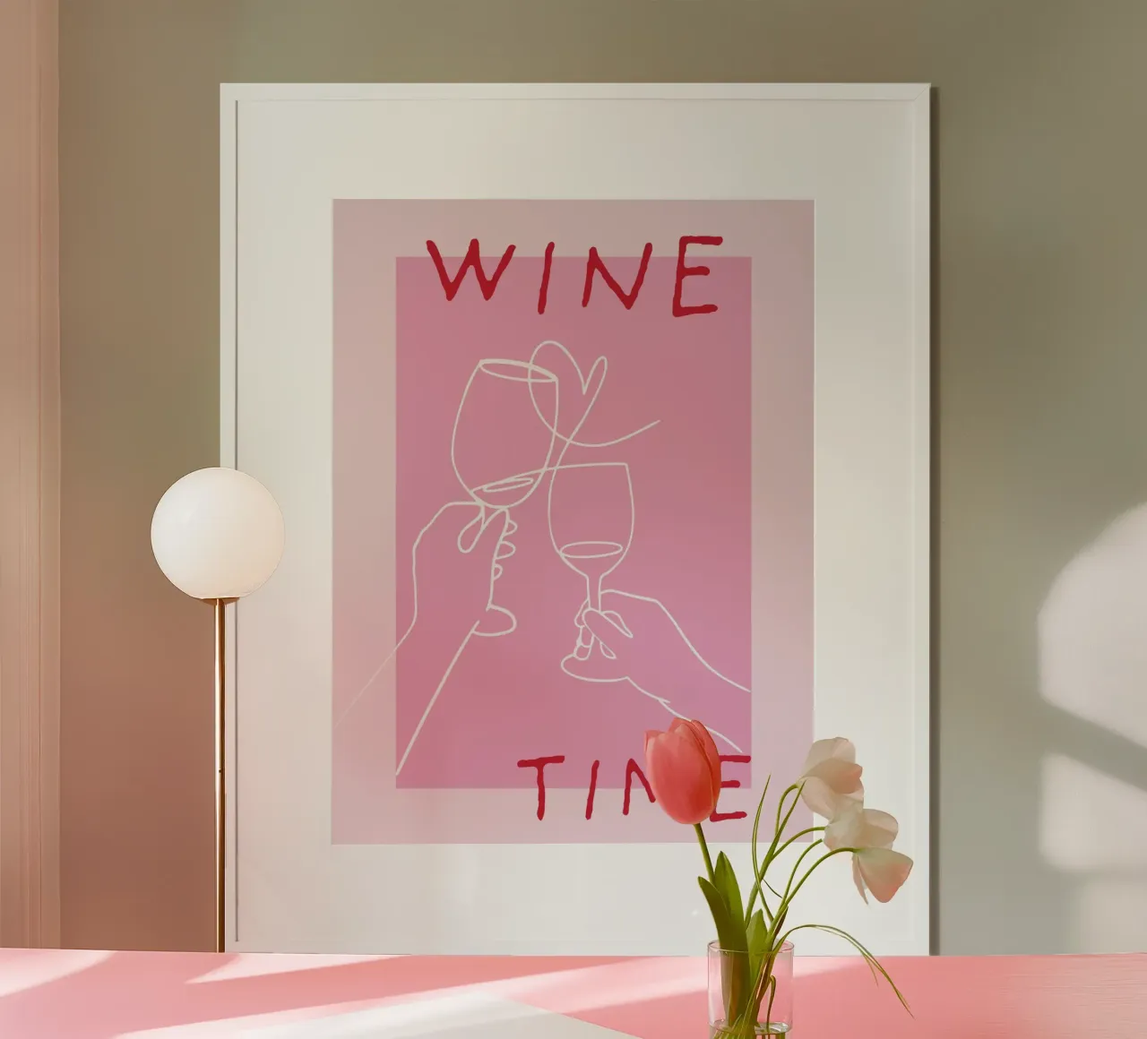 Vino Tempo di vino Poster grafico moderno rosa poster con telaio in alluminio da HummelBär