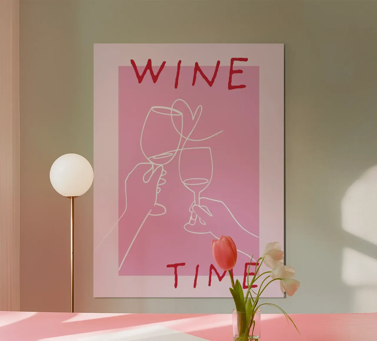 Vino Tempo di vino Poster grafico moderno rosa poster con telaio in alluminio da HummelBär