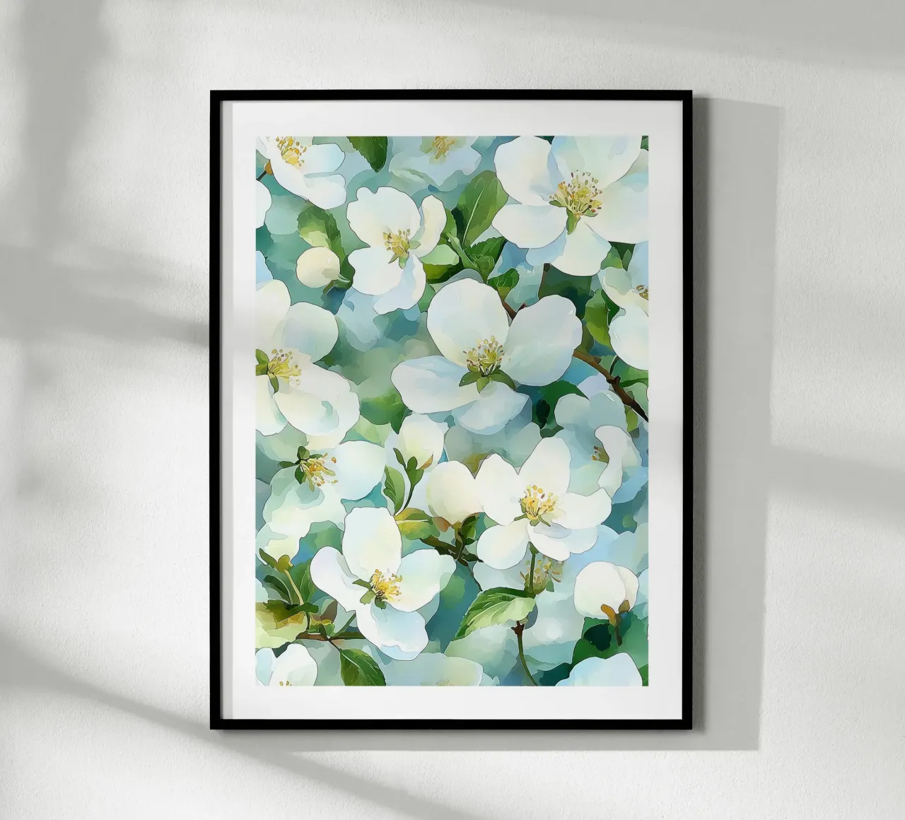 Fiori bianchi in acquerello poster con telaio in alluminio da Flora & Horizon