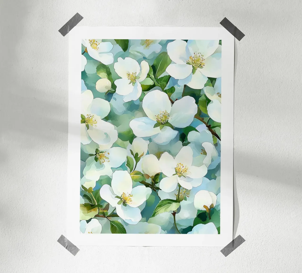 Fiori bianchi in acquerello poster con telaio in alluminio da Flora & Horizon