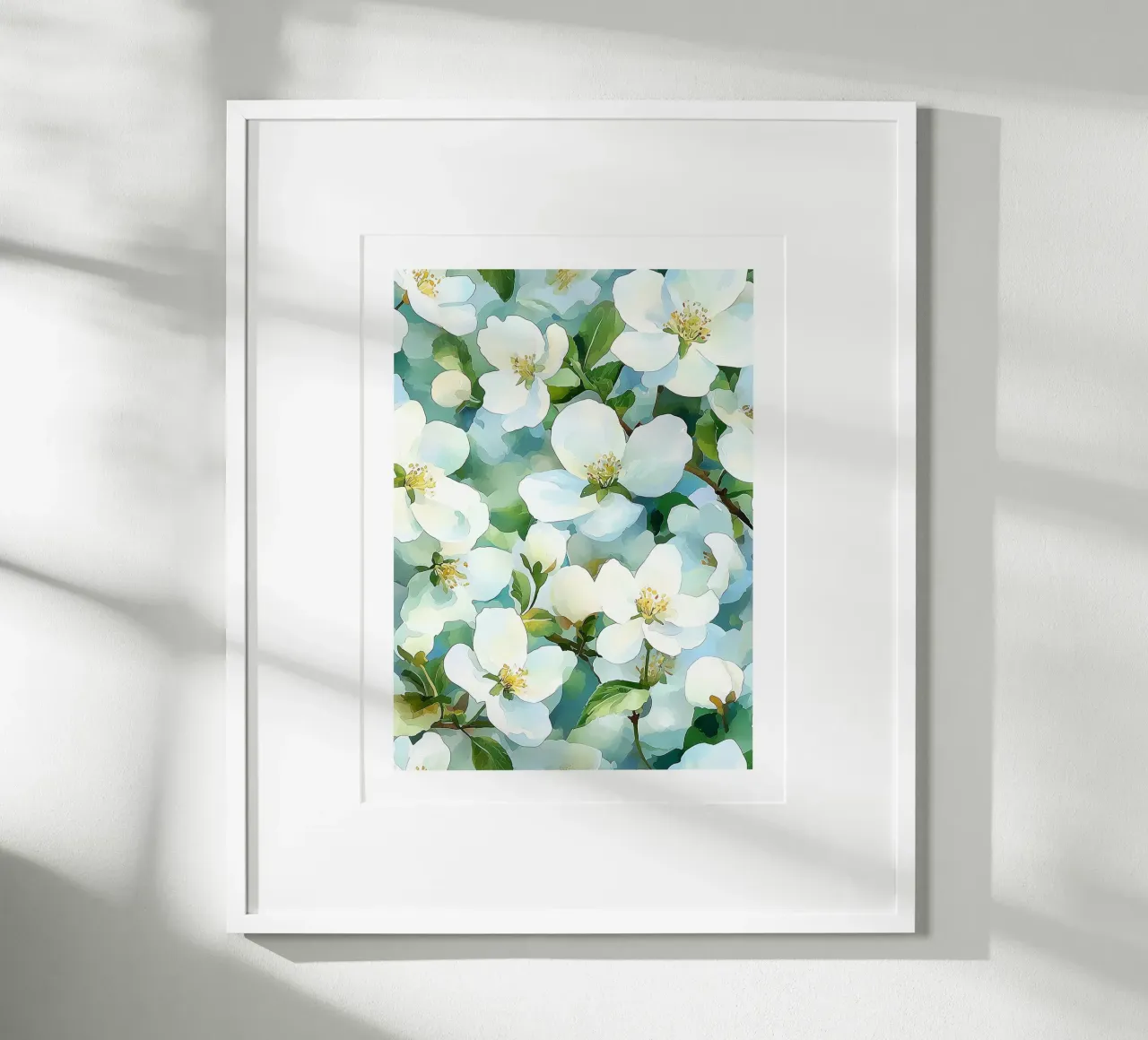 Fiori bianchi in acquerello poster con telaio in alluminio da Flora & Horizon