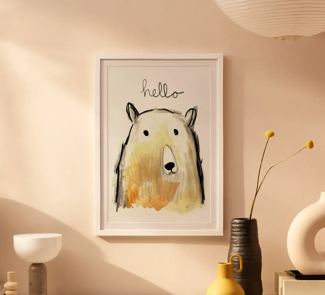 Hello Bear poster con telaio in legno da Farina Kuklinski
