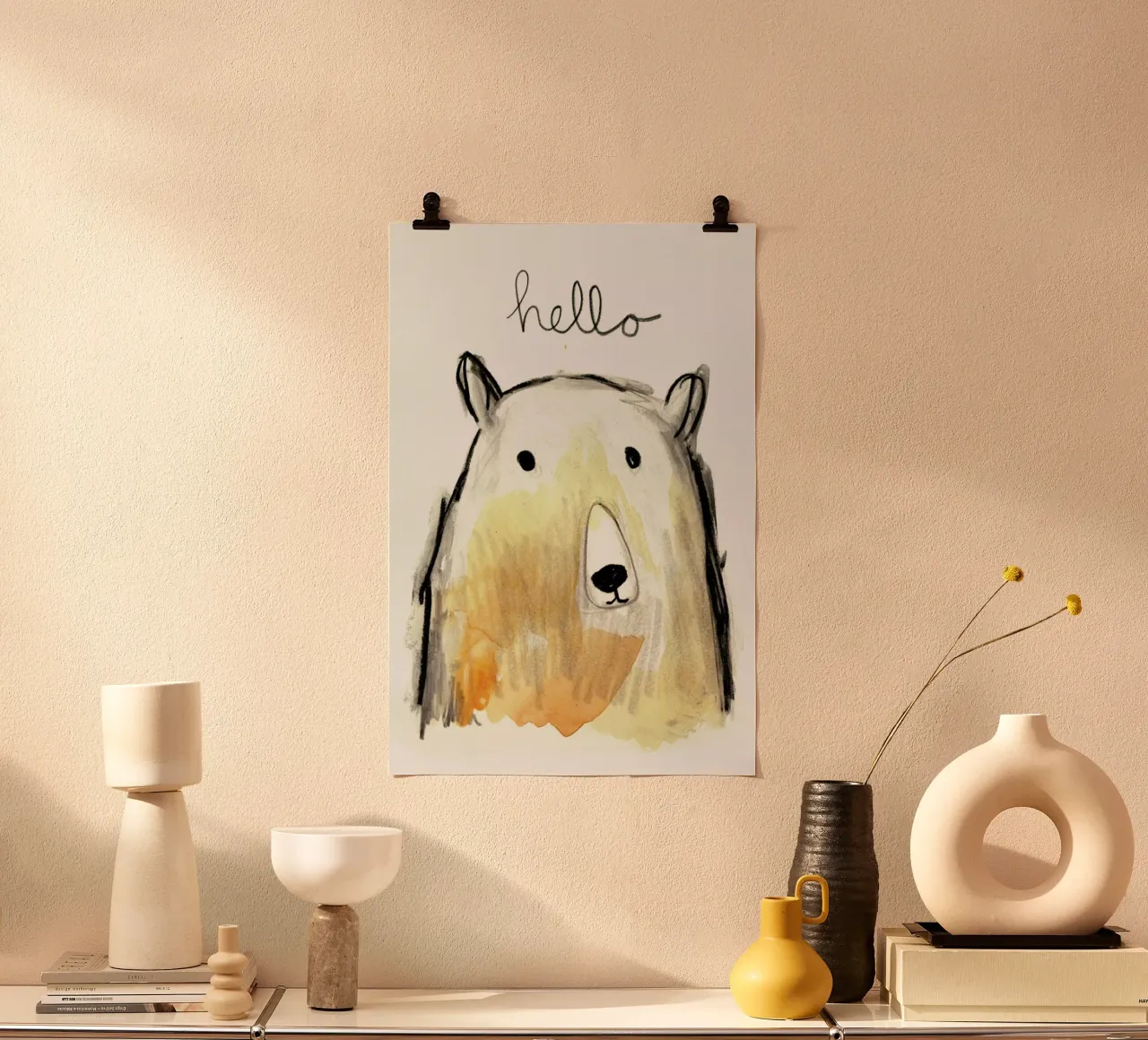 Hello Bear poster con telaio in legno da Farina Kuklinski