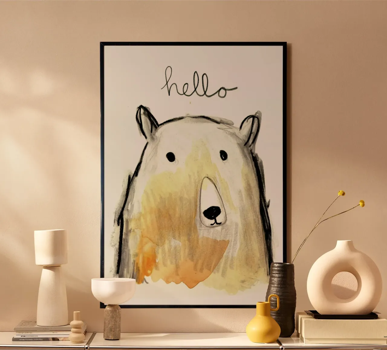 Hello Bear poster con telaio in legno da Farina Kuklinski