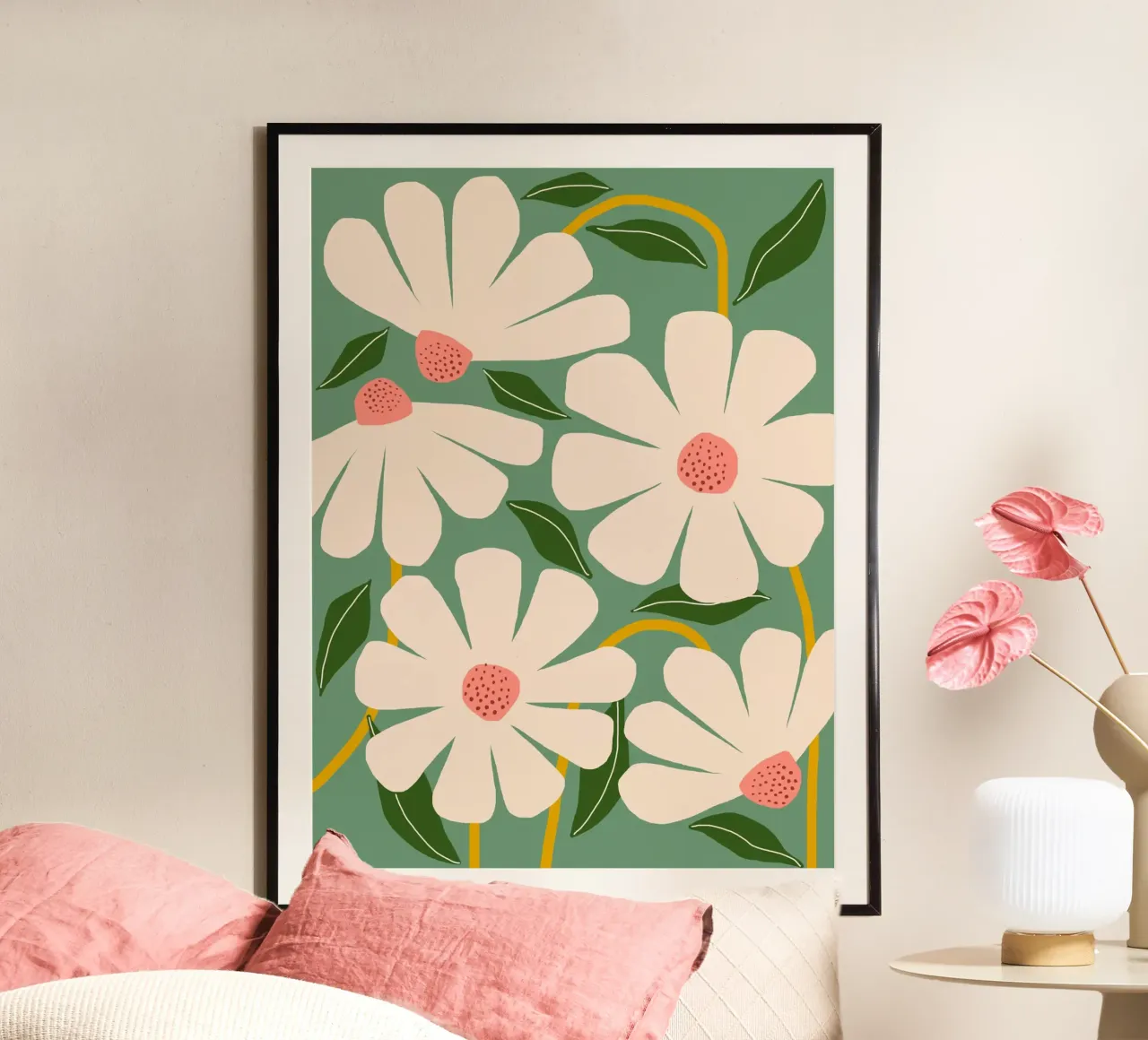 Margherite selvatiche - verde poster con telaio in alluminio da Gale Switzer