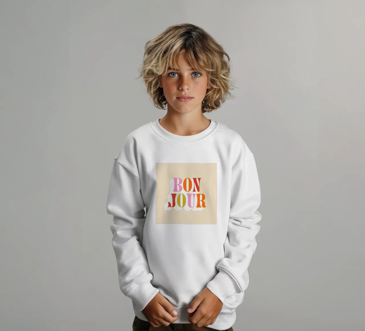 Retro Bonjour • Pink Orange Red Green kids sweatshirt by Dominique Vari Words