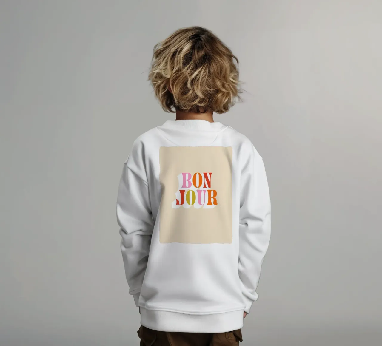 Retro Bonjour • Pink Orange Red Green kids sweatshirt by Dominique Vari Words
