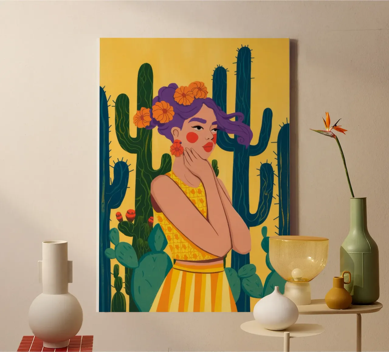 Abito a fiori di cactus tela con Cornice a cassetta da Demar Galleria