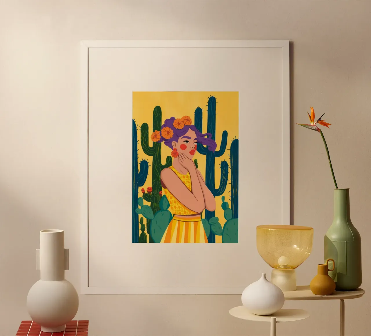 Abito a fiori di cactus poster con telaio in legno da Demar Galleria