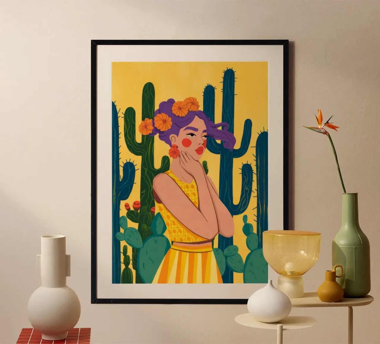 Abito a fiori di cactus poster con telaio in legno da Demar Galleria