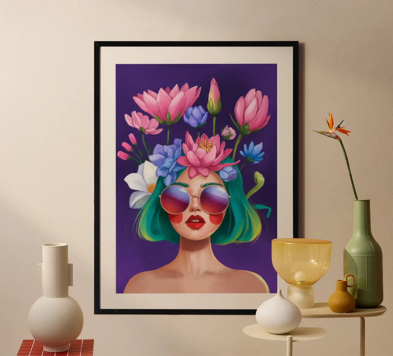 Occhiali da sole con corona di fiori poster da Demar Galleria