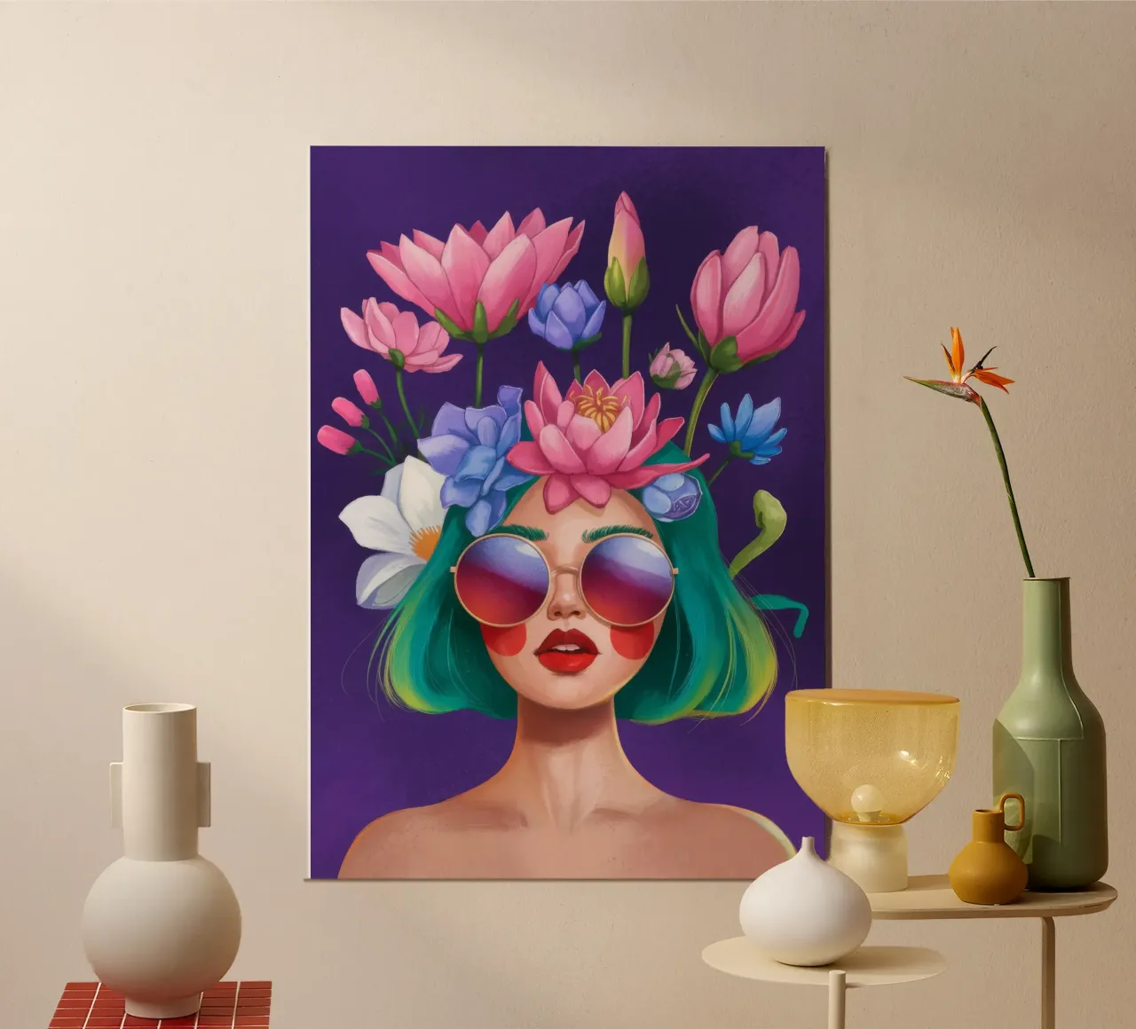 Occhiali da sole con corona di fiori poster da Demar Galleria