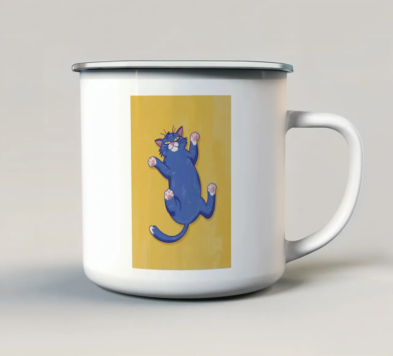 Gatto blu che fa stretching tazza in smalto da Demar Galleria