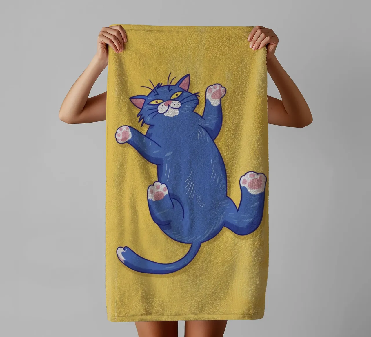 Blue Cat Stretching towel by Demar Galleria