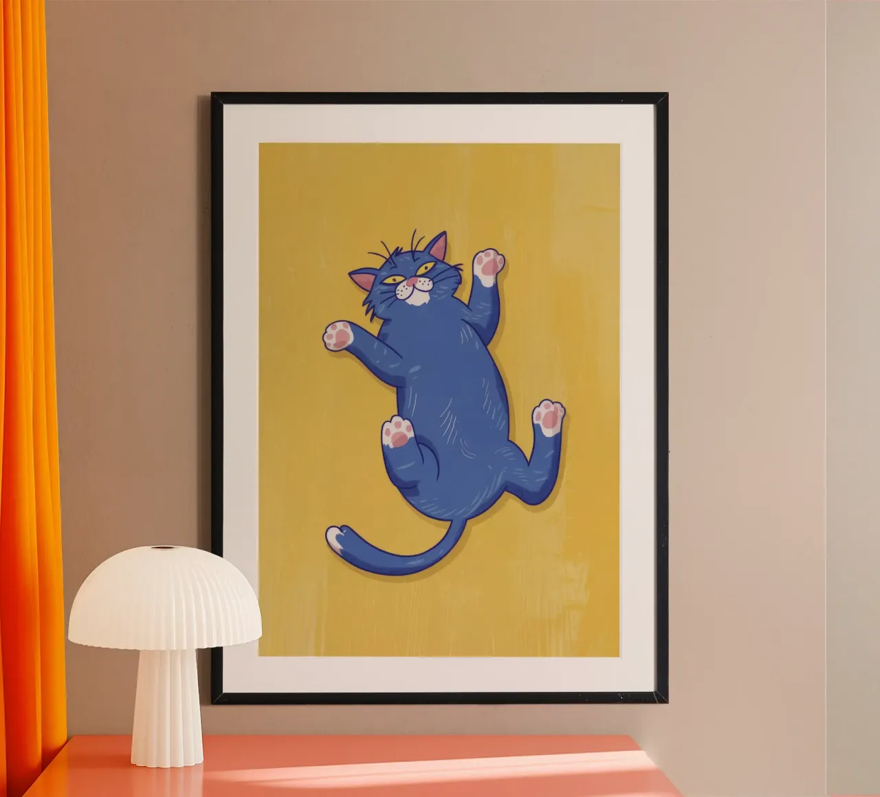 Gatto blu che fa stretching poster con telaio in legno da Demar Galleria