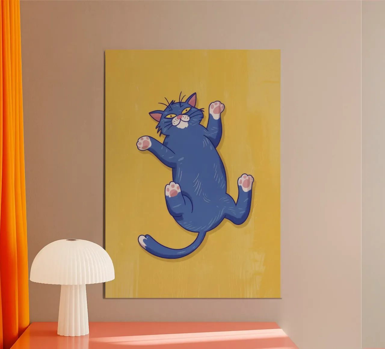 Gatto blu che fa stretching poster con telaio in legno da Demar Galleria