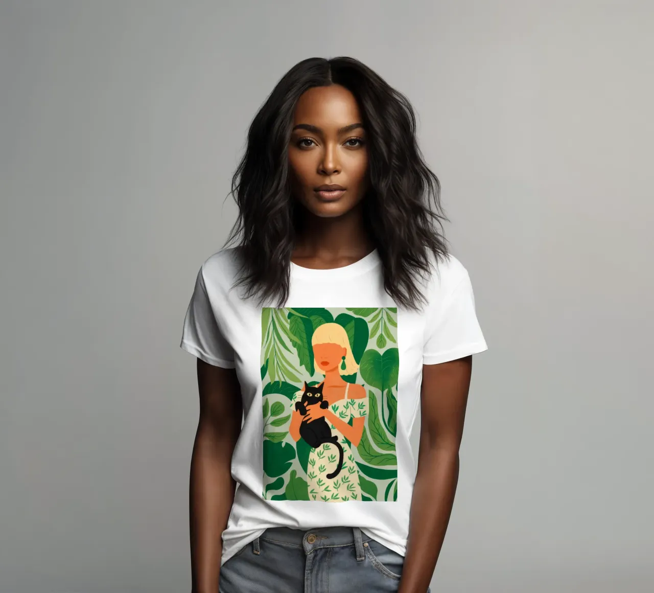 Woman with Cat women's fitted t-shirt by Demar Galleria