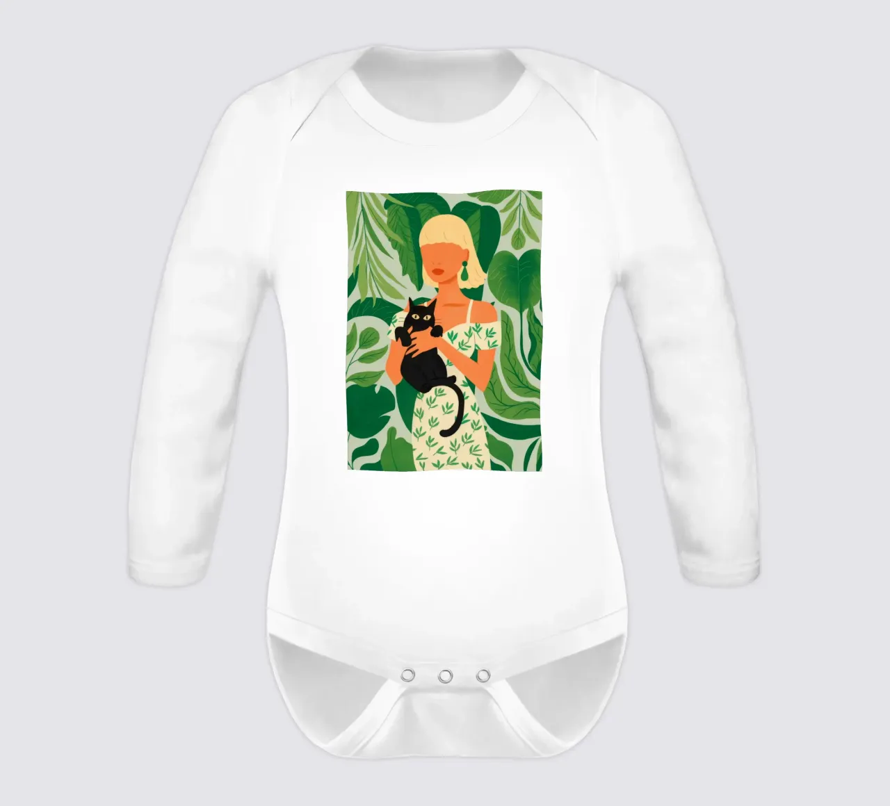 Woman with Cat long-sleeve baby romper by Demar Galleria
