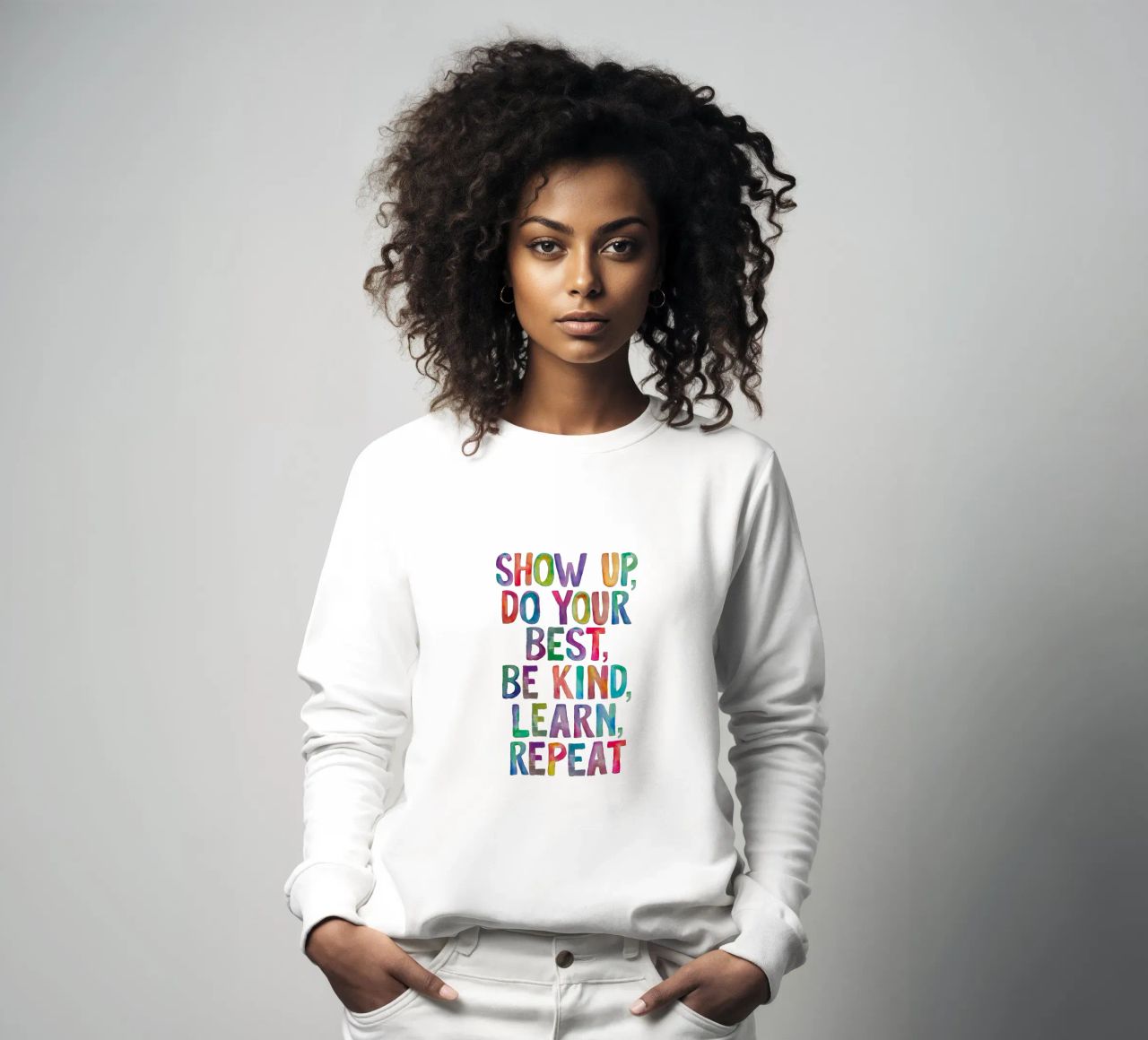 Show Up Do Your Best Be Kind Learn Repeat Rainbow Tipografía sudadera de THE MOTIVATED TYPE