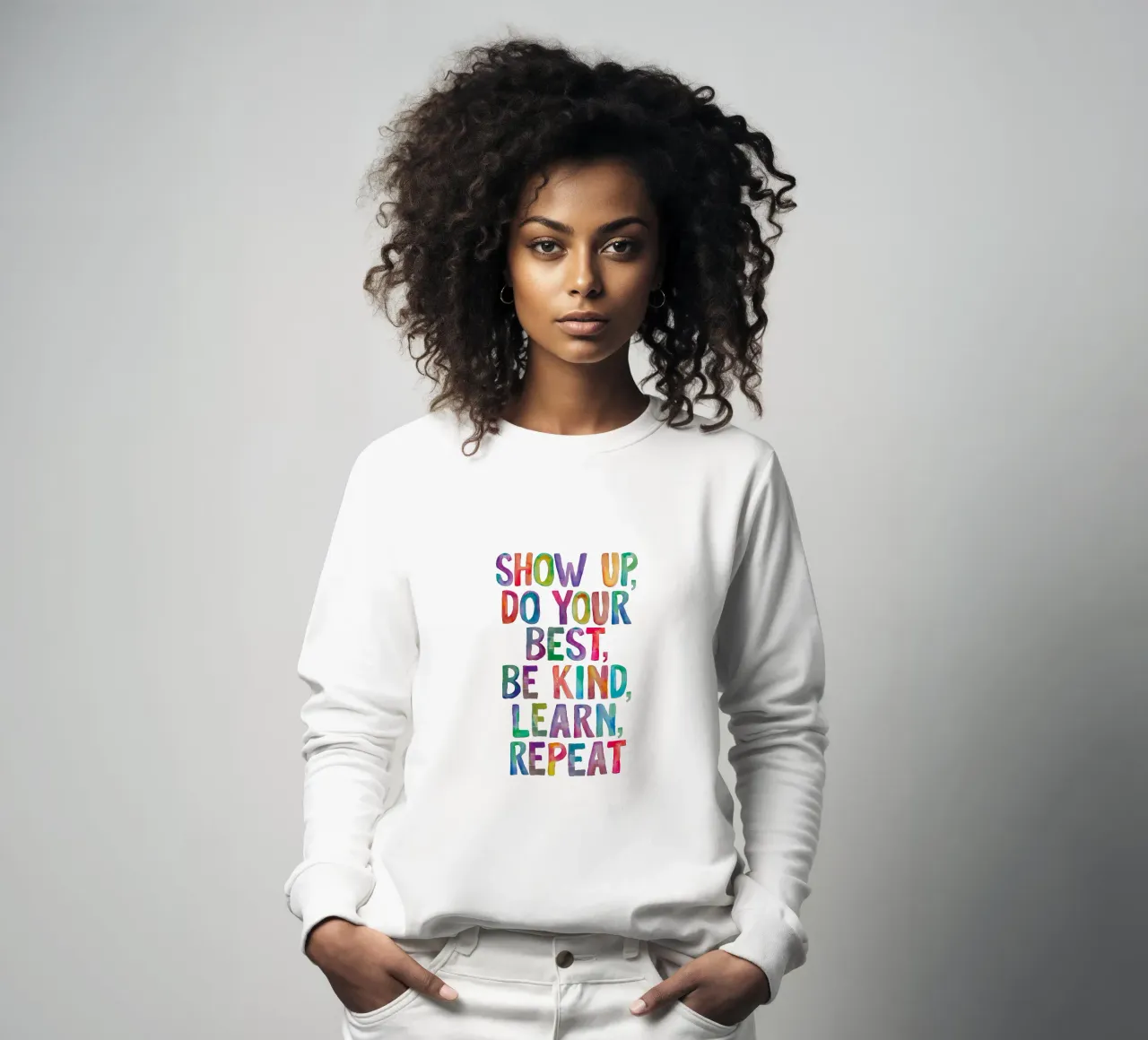 Show Up Do Your Best Be Kind Learn Repeat Rainbow Typography sweatshirt by THE MOTIVATED TYPE