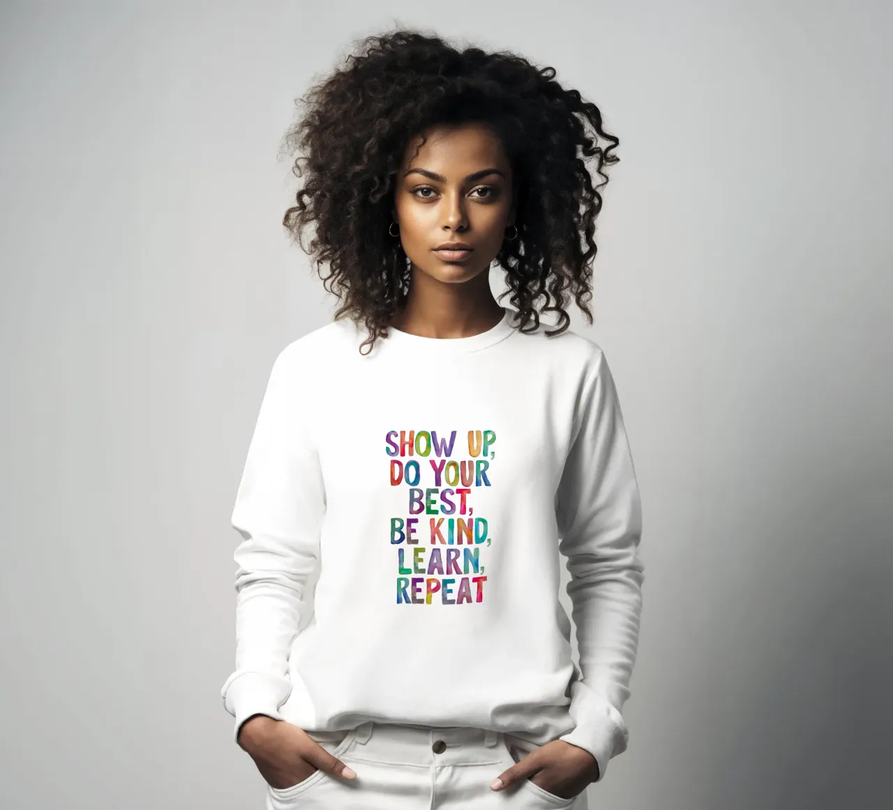 Show Up Do Your Best Be Kind Learn Repeat Rainbow Typographie sweat de THE MOTIVATED TYPE