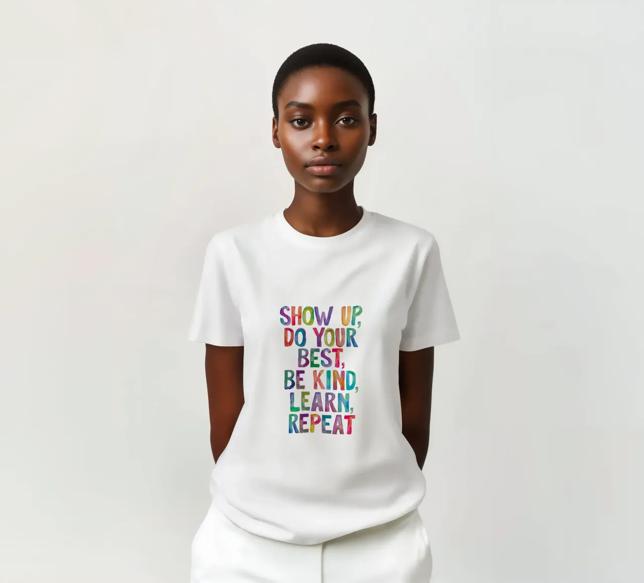 Show Up Do Your Best Be Kind Learn Repeat Rainbow Typography t-shirt by THE MOTIVATED TYPE