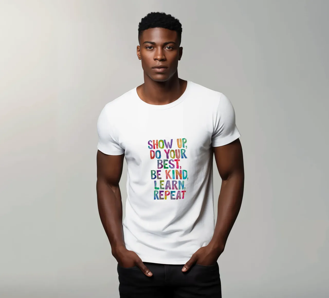 Show Up Do Your Best Be Kind Learn Repeat Rainbow Typography t-shirt by THE MOTIVATED TYPE