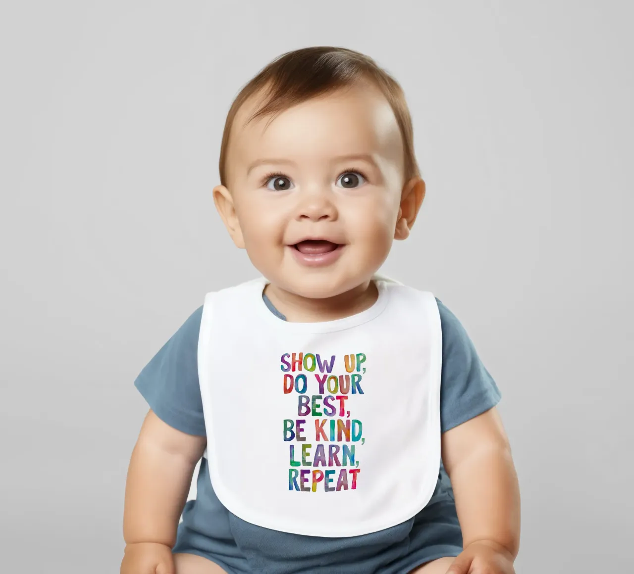 Show Up Do Your Best Be Kind Learn Repeat Rainbow Tipografía babero de THE MOTIVATED TYPE