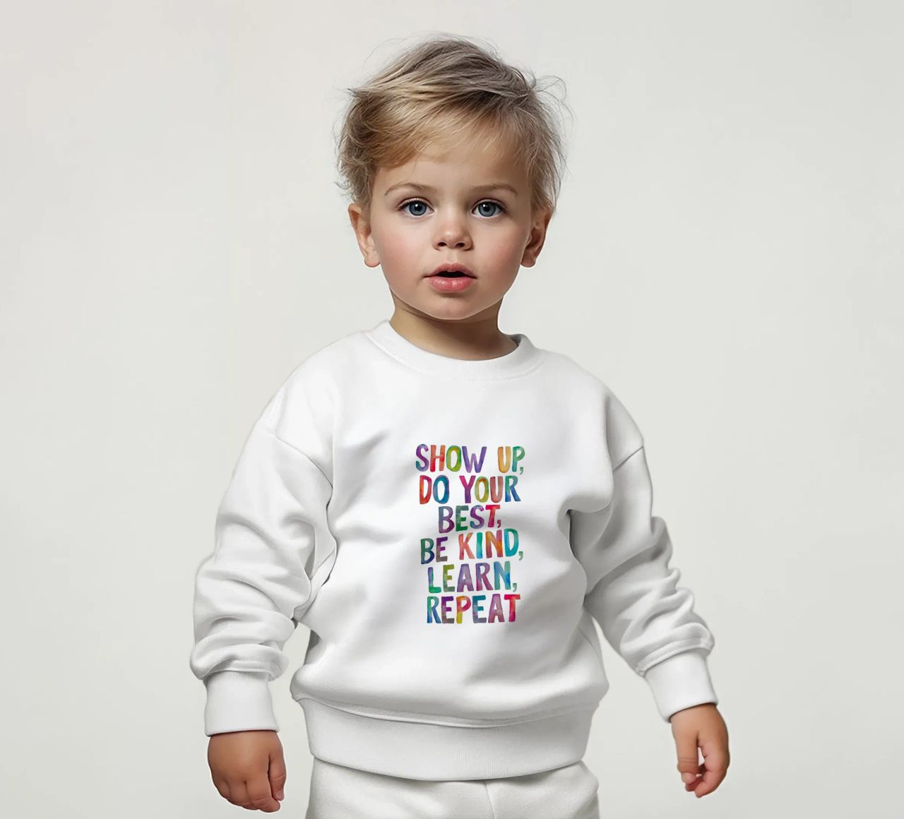 Show Up Do Your Best Be Kind Learn Repeat Rainbow Tipografía sudadera de bebé de THE MOTIVATED TYPE