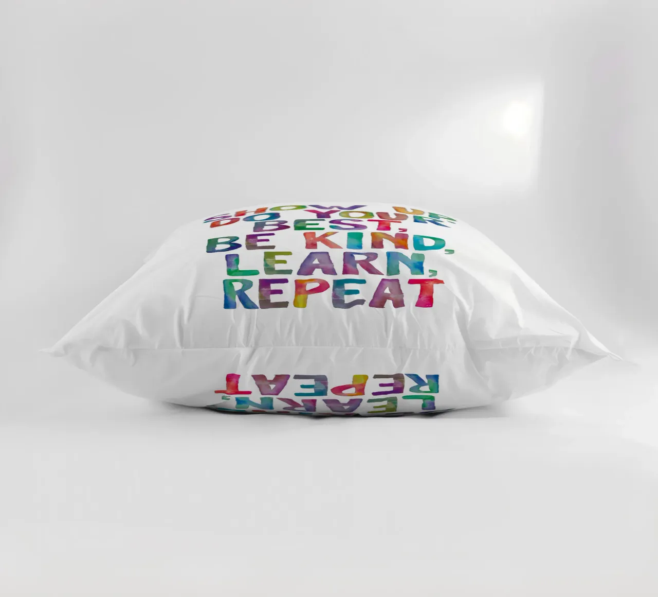 Show Up Do Your Best Be Kind Learn Repeat Rainbow Typography decorative cushion by THE MOTIVATED TYPE
