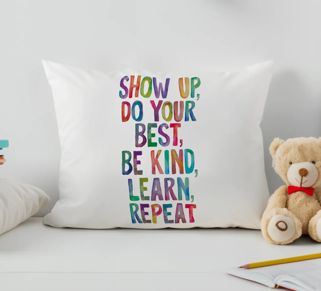 Show Up Do Your Best Be Kind Learn Repeat Rainbow Typography decorative cushion by THE MOTIVATED TYPE