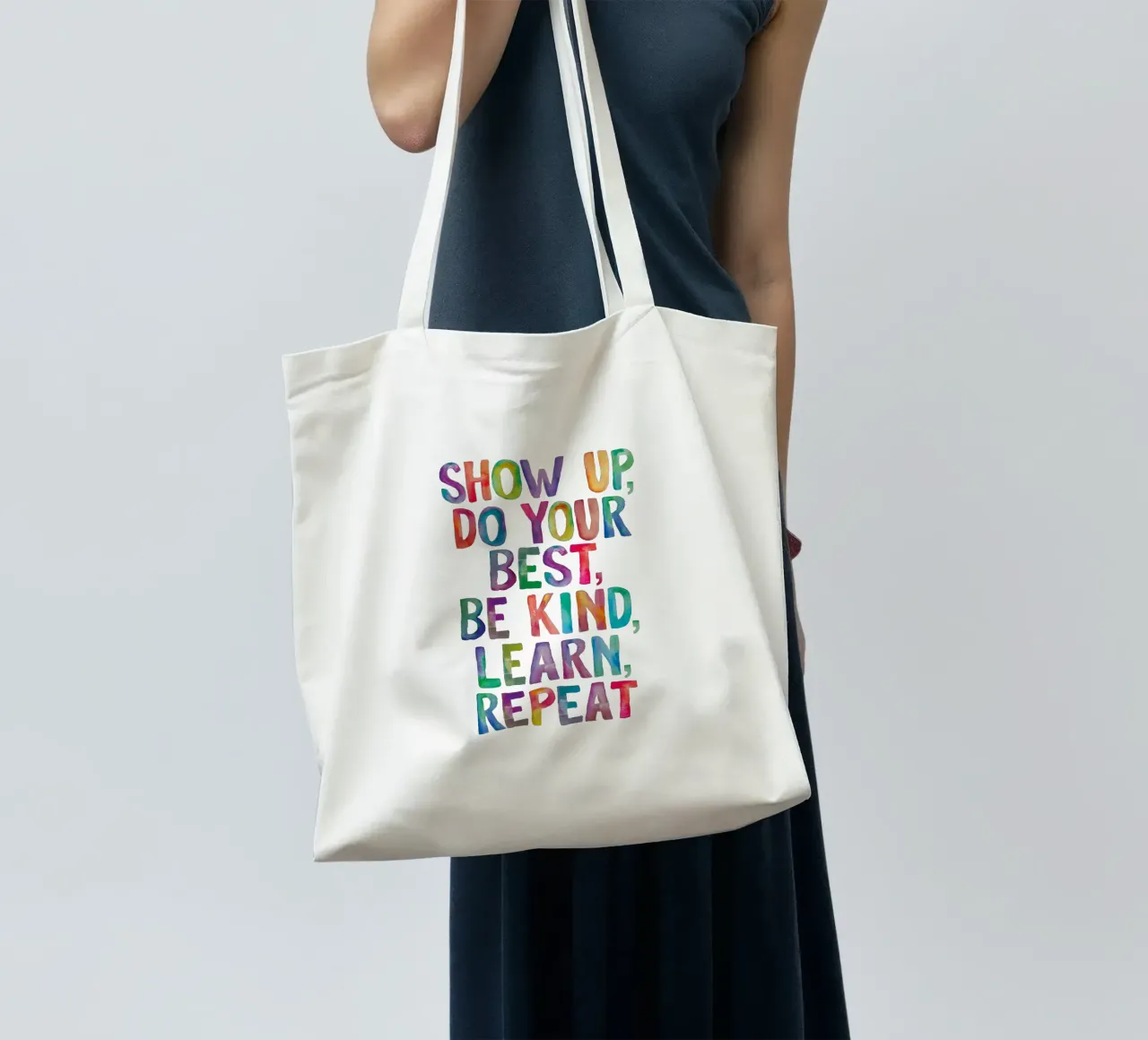 Show Up Do Your Best Be Kind Learn Repeat Rainbow Typography tote bag by THE MOTIVATED TYPE