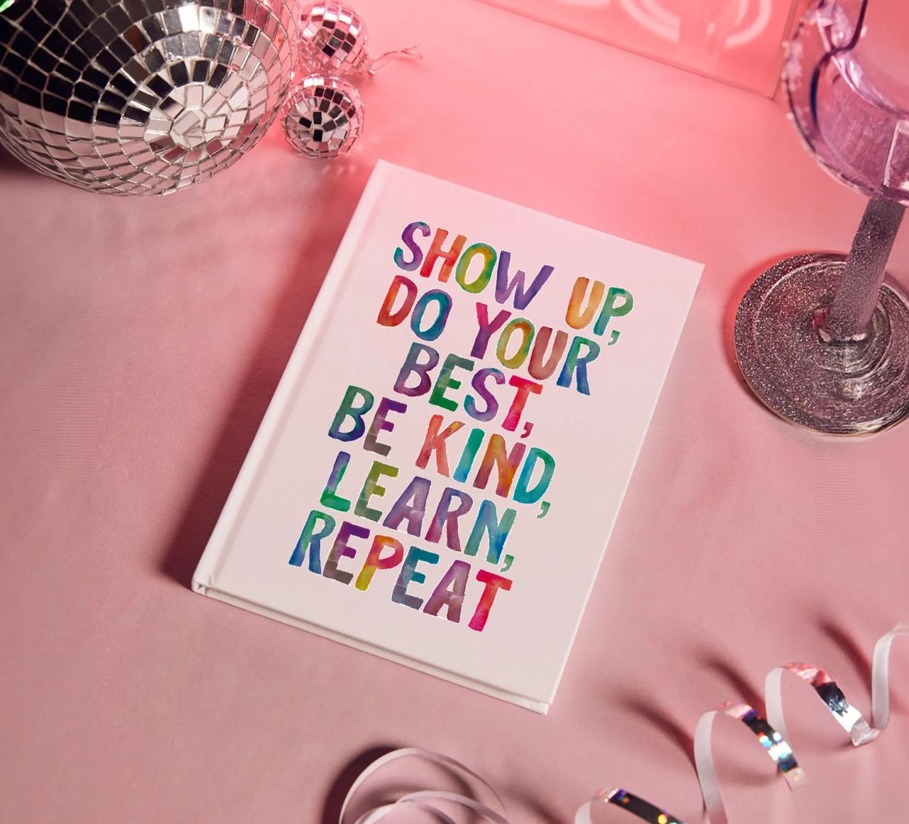 Show Up Do Your Best Be Kind Learn Repeat Rainbow Typography notebook by THE MOTIVATED TYPE