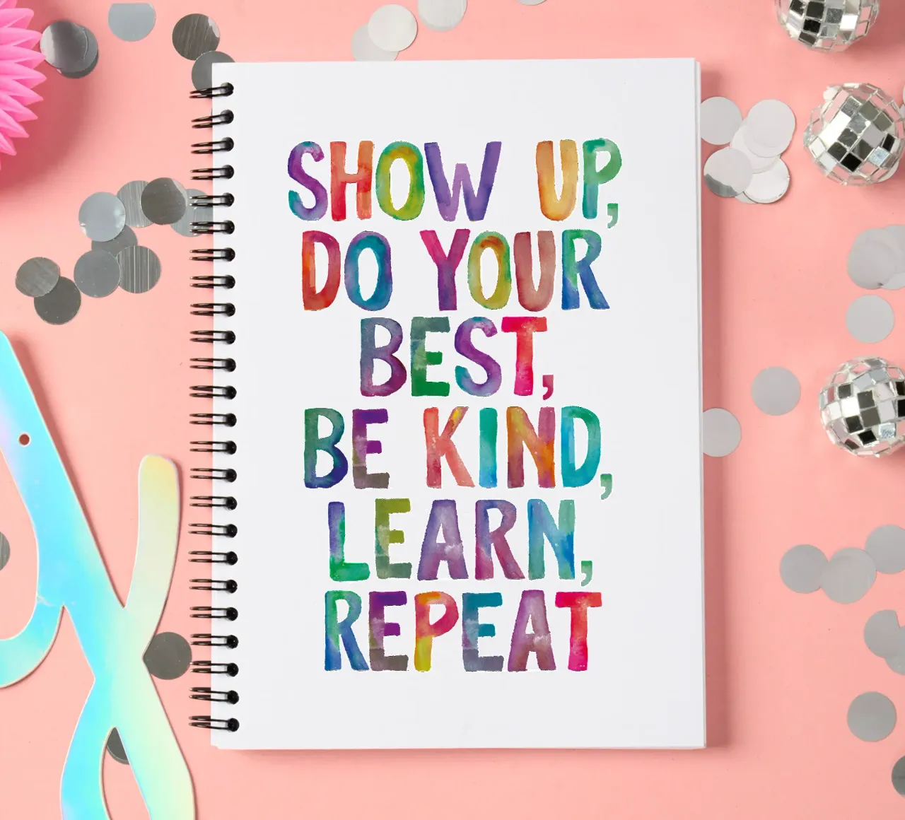 Show Up Do Your Best Be Kind Learn Repeat Rainbow Typography spiral notebook by THE MOTIVATED TYPE
