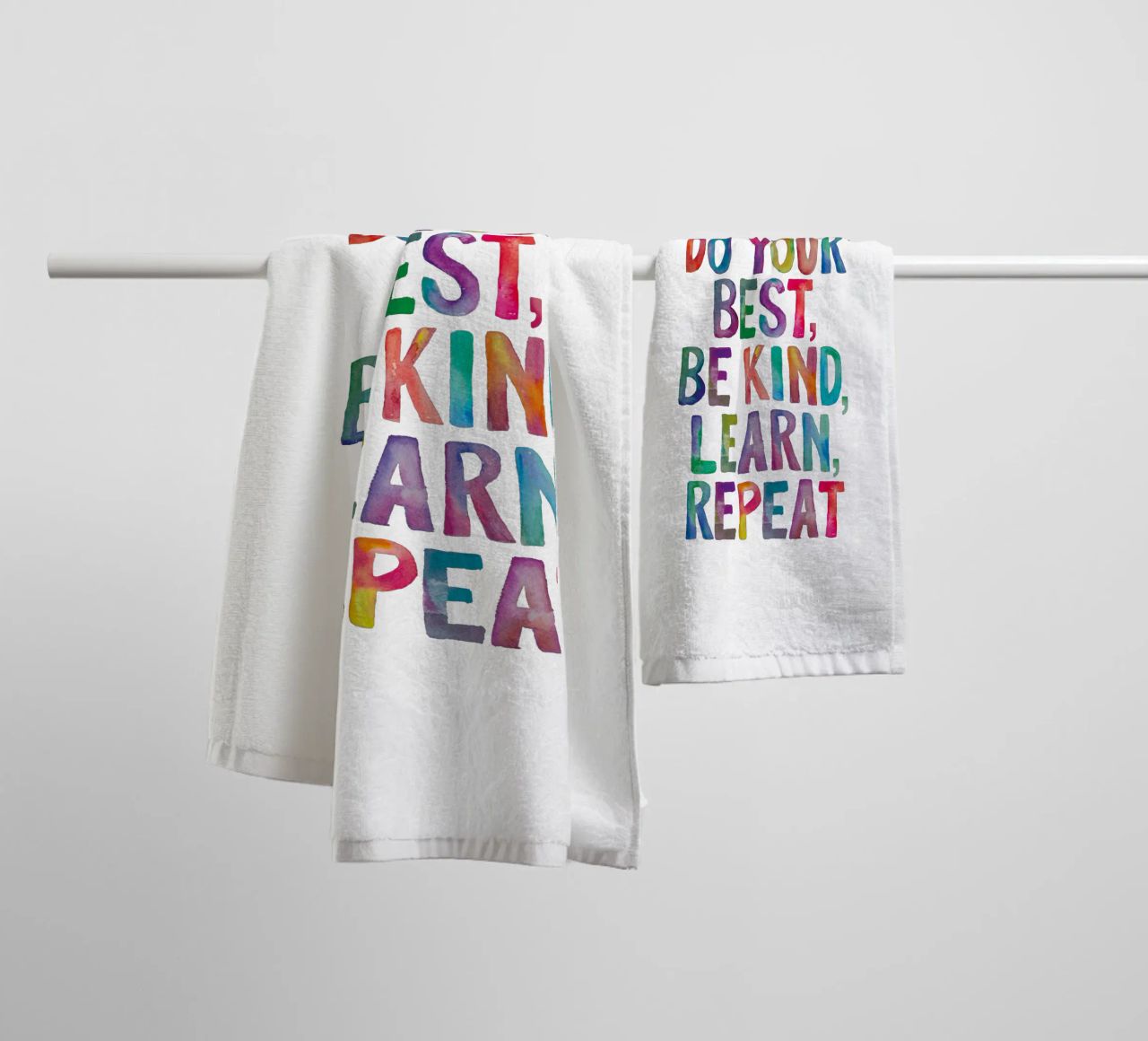 Show Up Do Your Best Be Kind Learn Repeat Rainbow Typography towel by THE MOTIVATED TYPE