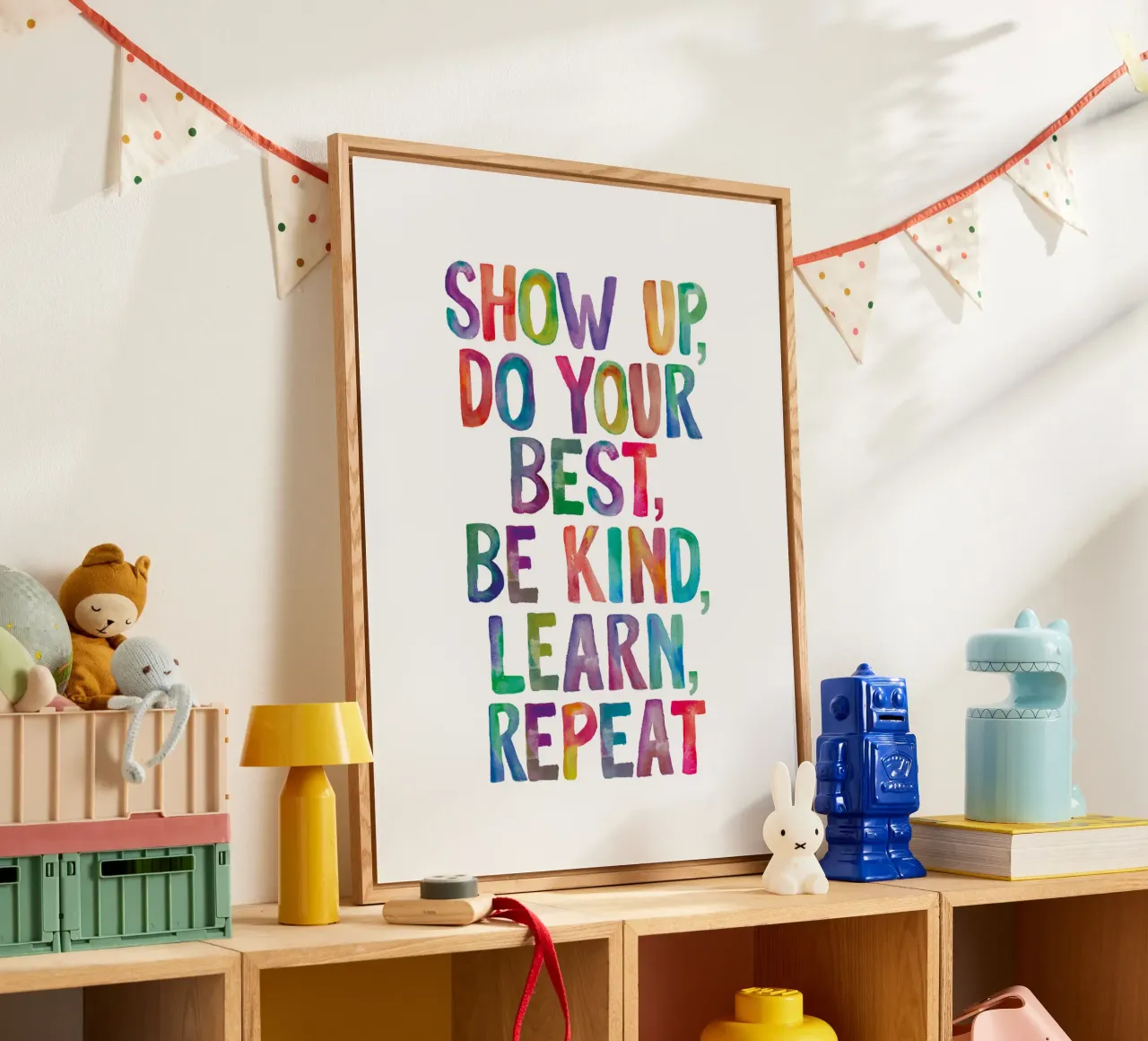 Show Up Do Your Best Be Kind Learn Repeat Rainbow Typography acrylic glass by THE MOTIVATED TYPE