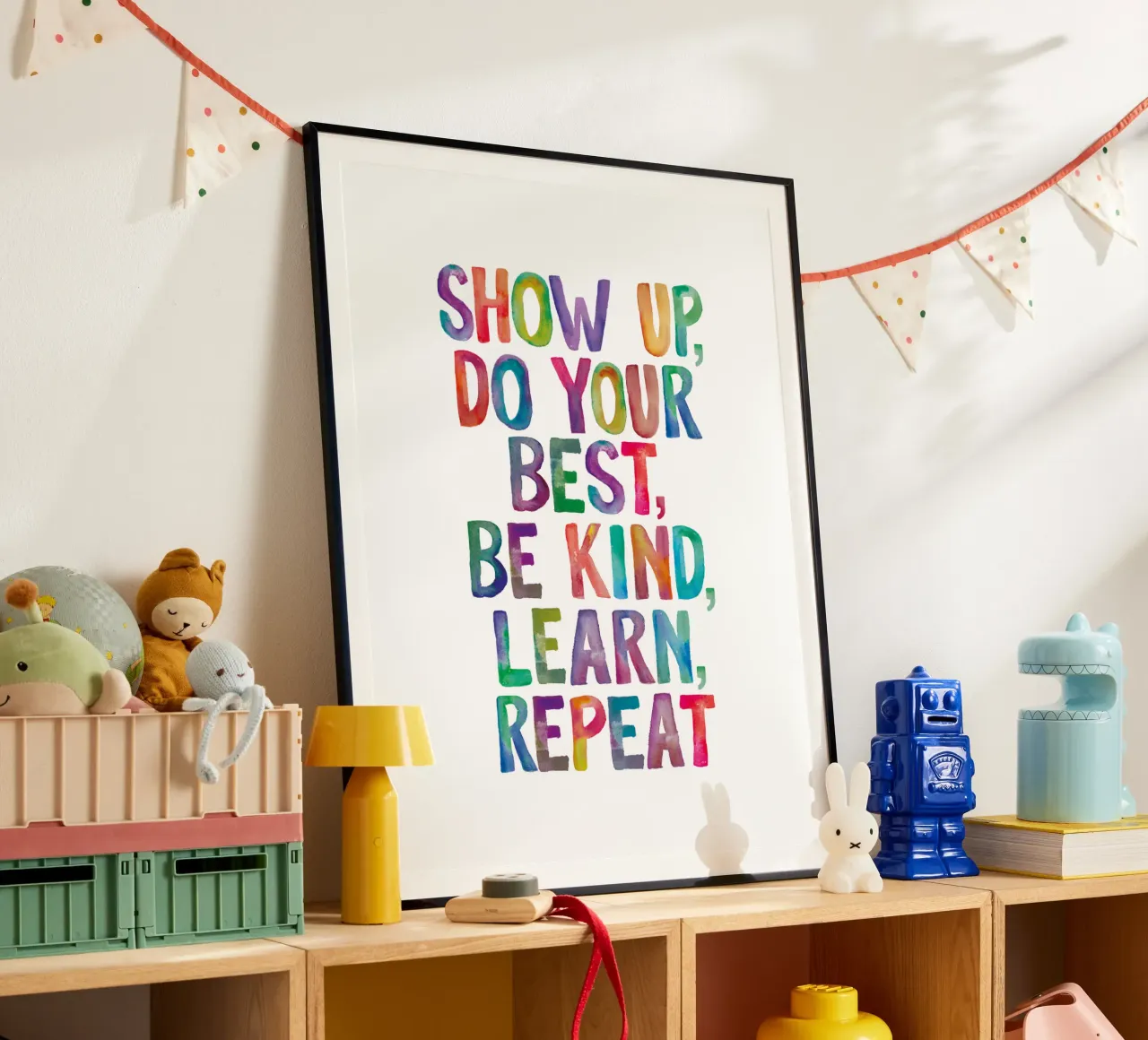 Zeigen Sie sich, geben Sie Ihr Bestes, seien Sie freundlich, lernen Sie, wiederholen Sie die Regenbogen-Typografie Hahnemühle von THE MOTIVATED TYPE