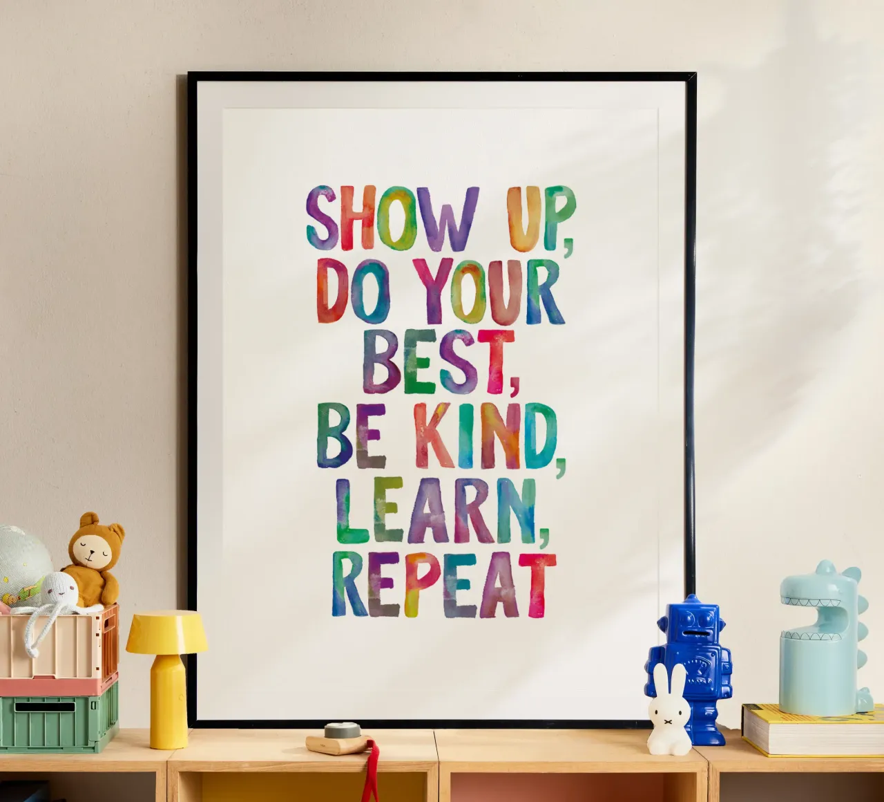 Zeigen Sie sich, geben Sie Ihr Bestes, seien Sie freundlich, lernen Sie, wiederholen Sie die Regenbogen-Typografie Hahnemühle von THE MOTIVATED TYPE