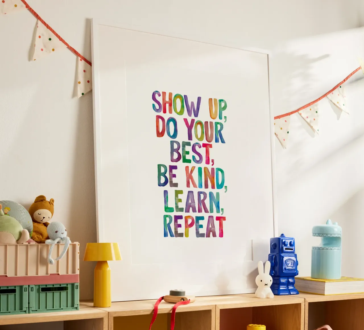 Zeigen Sie sich, geben Sie Ihr Bestes, seien Sie freundlich, lernen Sie, wiederholen Sie die Regenbogen-Typografie Hahnemühle von THE MOTIVATED TYPE