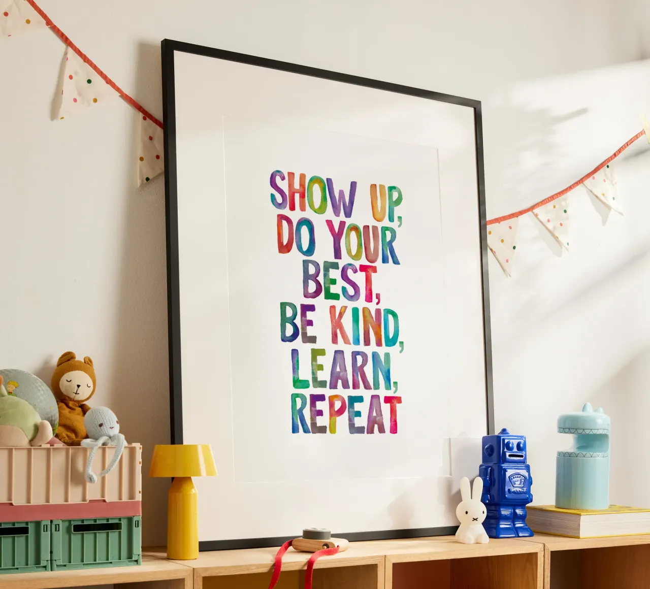 Zeigen Sie sich, geben Sie Ihr Bestes, seien Sie freundlich, lernen Sie, wiederholen Sie die Regenbogen-Typografie Hahnemühle von THE MOTIVATED TYPE