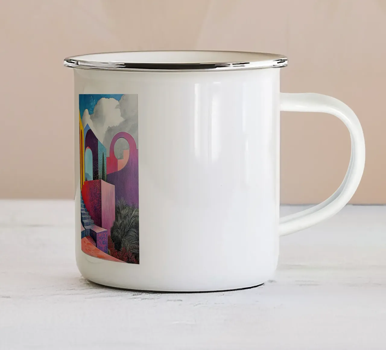 Surrealismus Architektur Design Geometrie Emaille Tasse von Nikis Art Studio