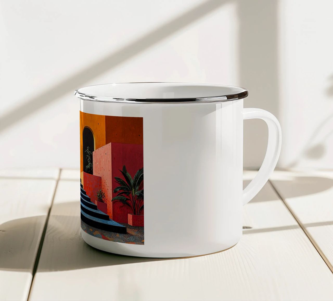 Surrealismus Architektur Design Geometrie Emaille Tasse von Nikis Art Studio