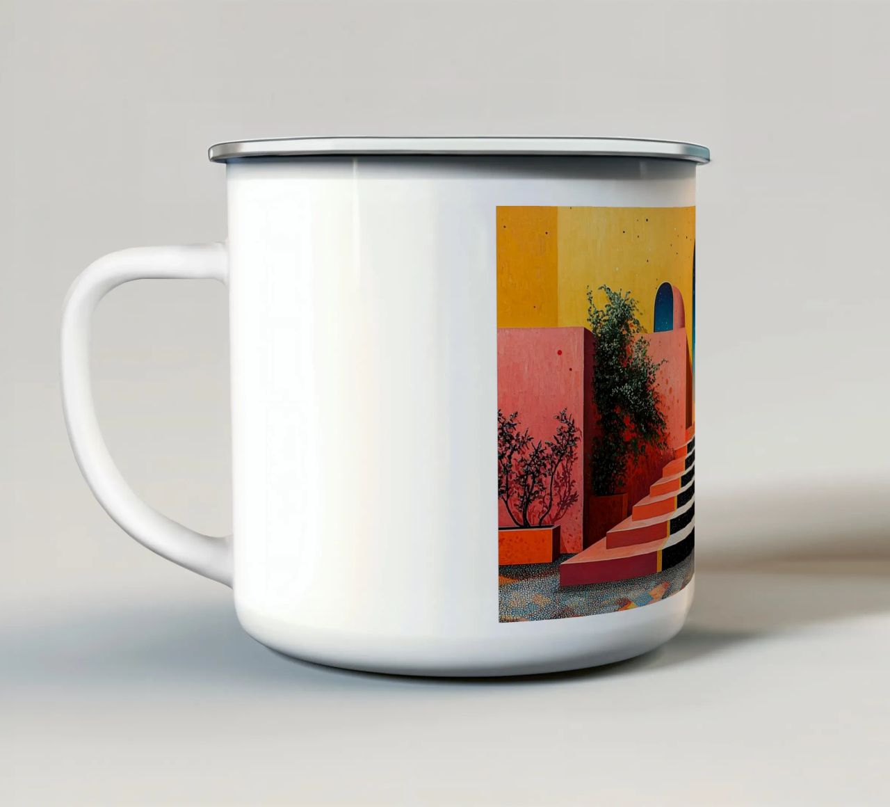Surrealismus Architektur Design Geometrie Emaille Tasse von Nikis Art Studio