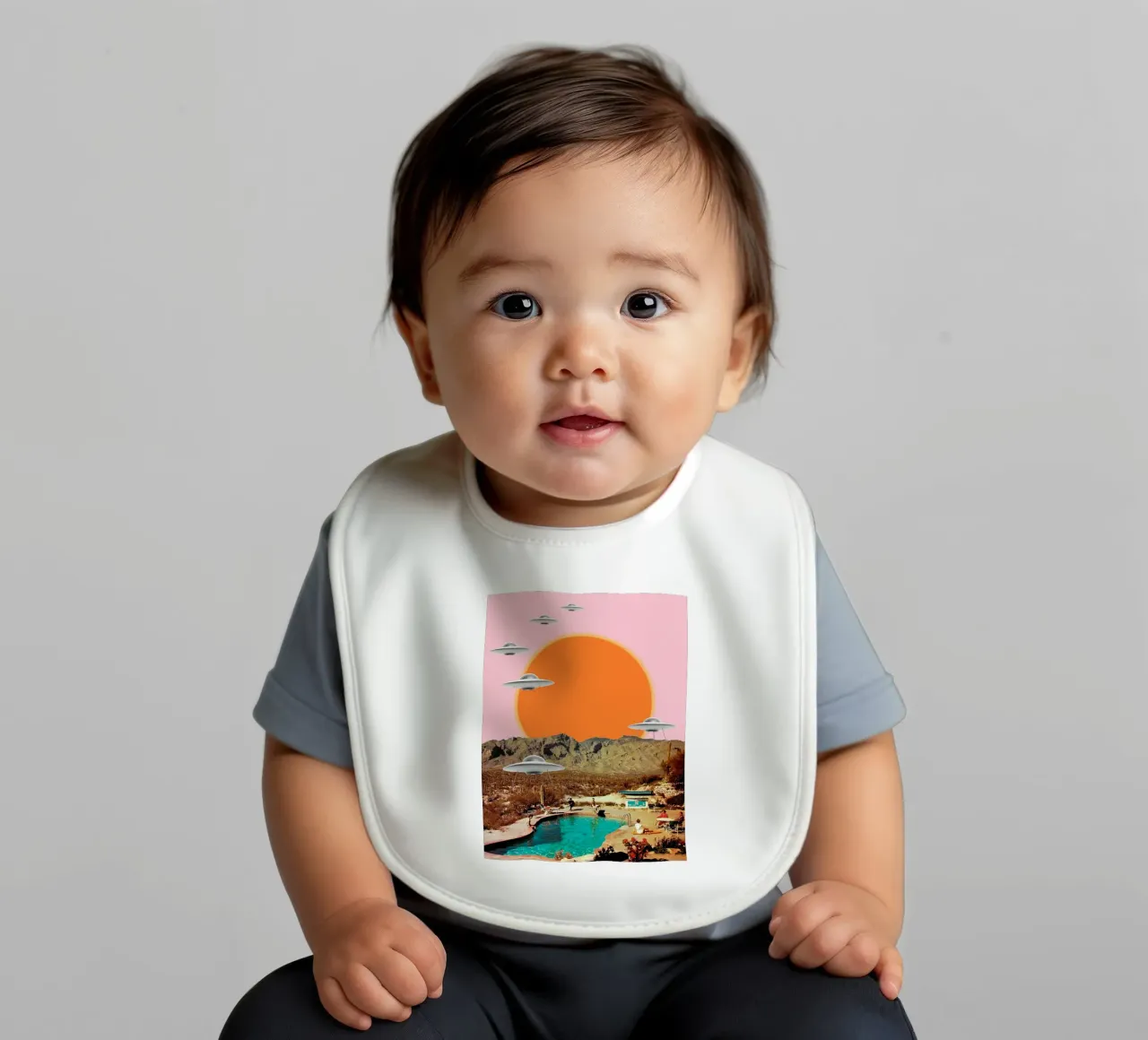 They've arrived (UFOs in the desert) baby bib by MsGonzalez
