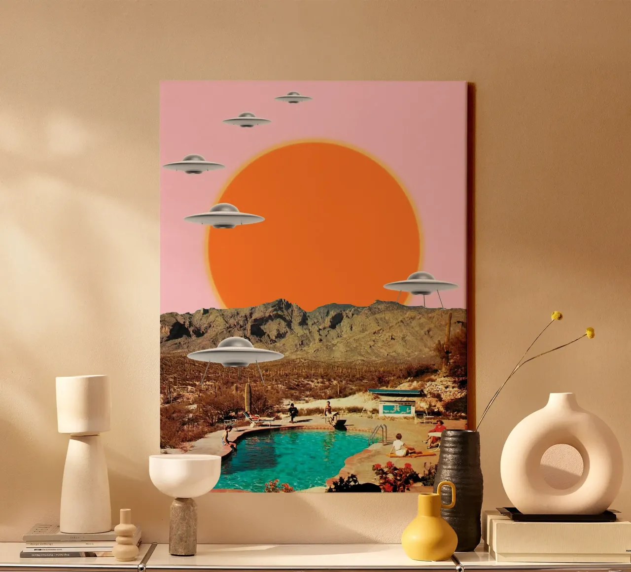 They've arrived (UFOs in the desert) canvas with Floater frame by MsGonzalez