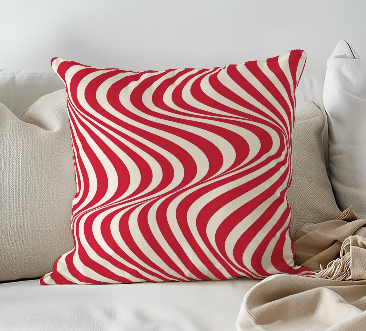 "Wavy Red" – Bold Red Optical Illusion Print cuscino da PrintCessStudio